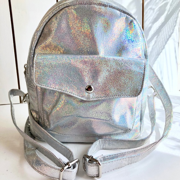 Mini Backpack Metallic Silver Bag Purse - Picture 1 of 10